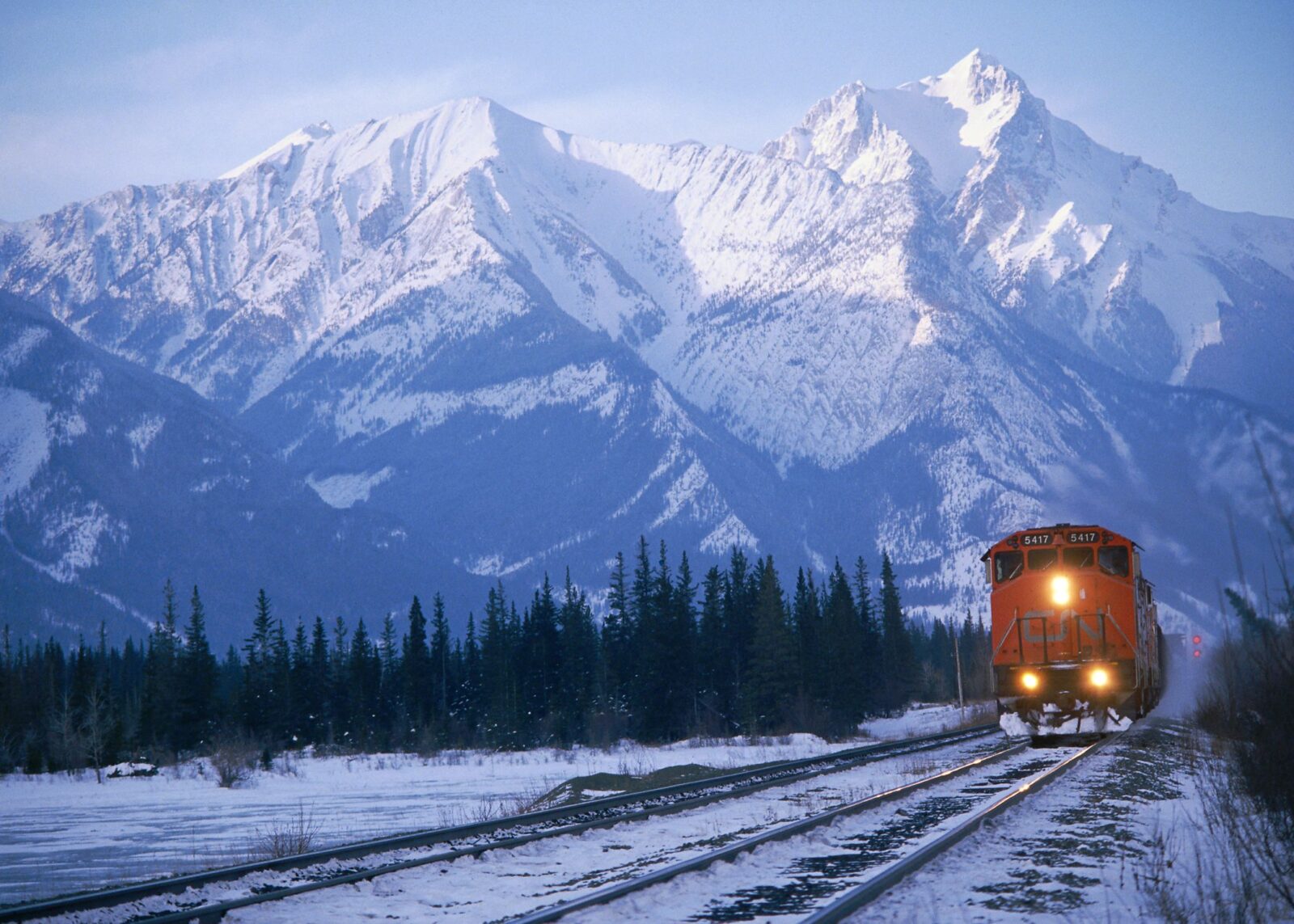 A CN Rail train moves through Jasper, Alta.