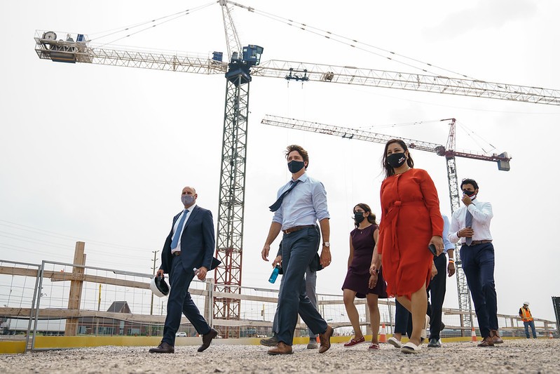Justin Trudeau visits a construction site in Brampton, Ont.